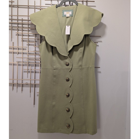Maeve by Anthropologie Scalloped Collar Button Front Dress Light Green  Womens M